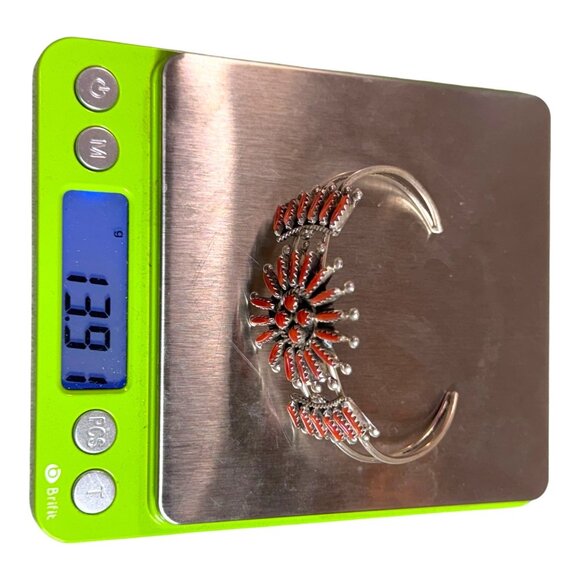 Zuni Gerald Etsate Sterling Silver Coral Zuni Sunburst Needlepoint Cuff Bracelet - Picture 6 of 6